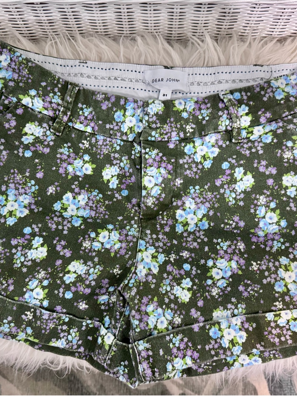 Dear John Olive Floral Hampton Shorts with Blue & Lavender Flowers